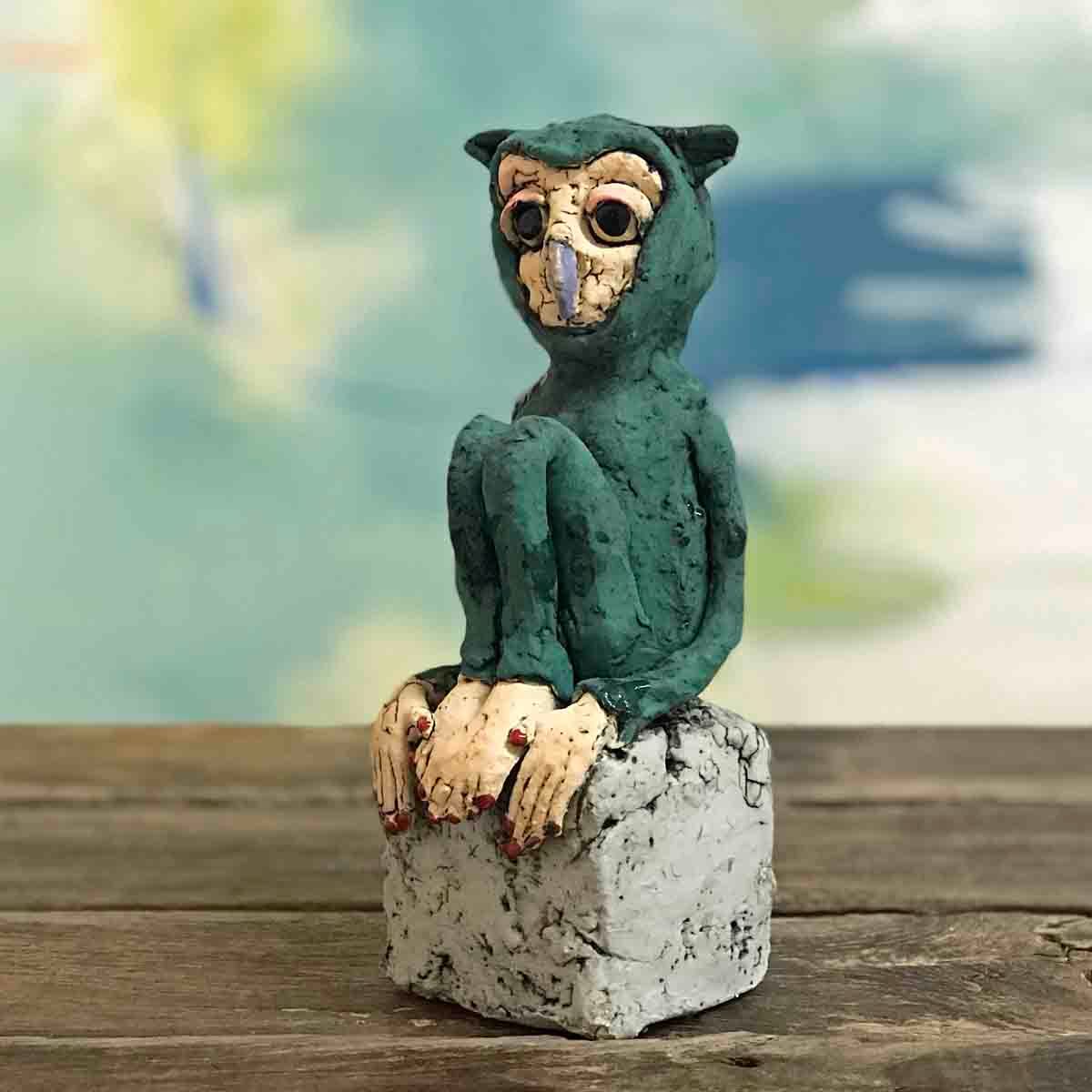 Ugle grønn, skulptur 19 cm