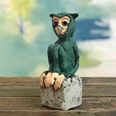 Ugle grønn, skulptur 19 cm