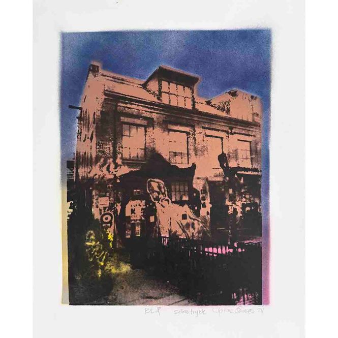 Hovedbilde BLÅ, spray / silketrykk på papir 30x40 cm (variant kobber-fersken)