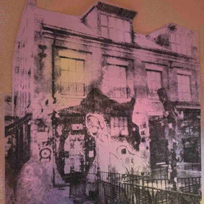 BLÅ, spray / silketrykk på papir 30x40 cm (variant kobber-rosa)