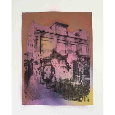 BLÅ, spray / silketrykk på papir 30x40 cm (variant kobber-rosa)