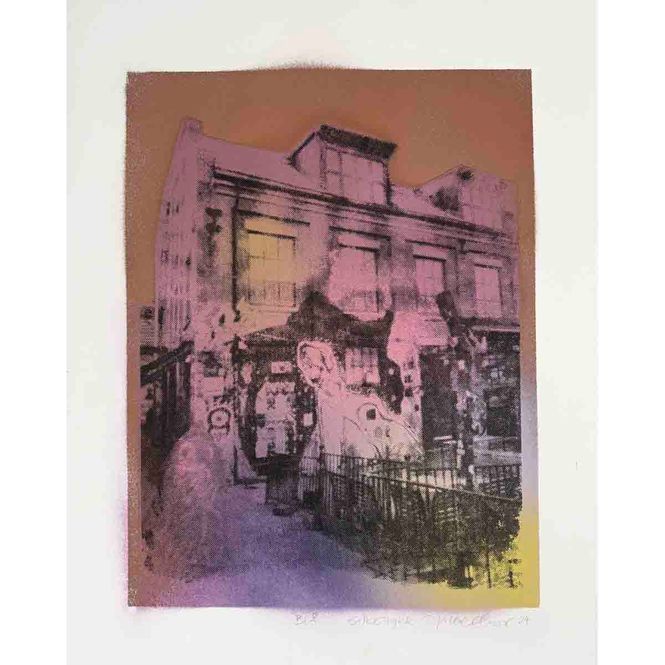 Hovedbilde BLÅ, spray / silketrykk på papir 30x40 cm (variant kobber-rosa)