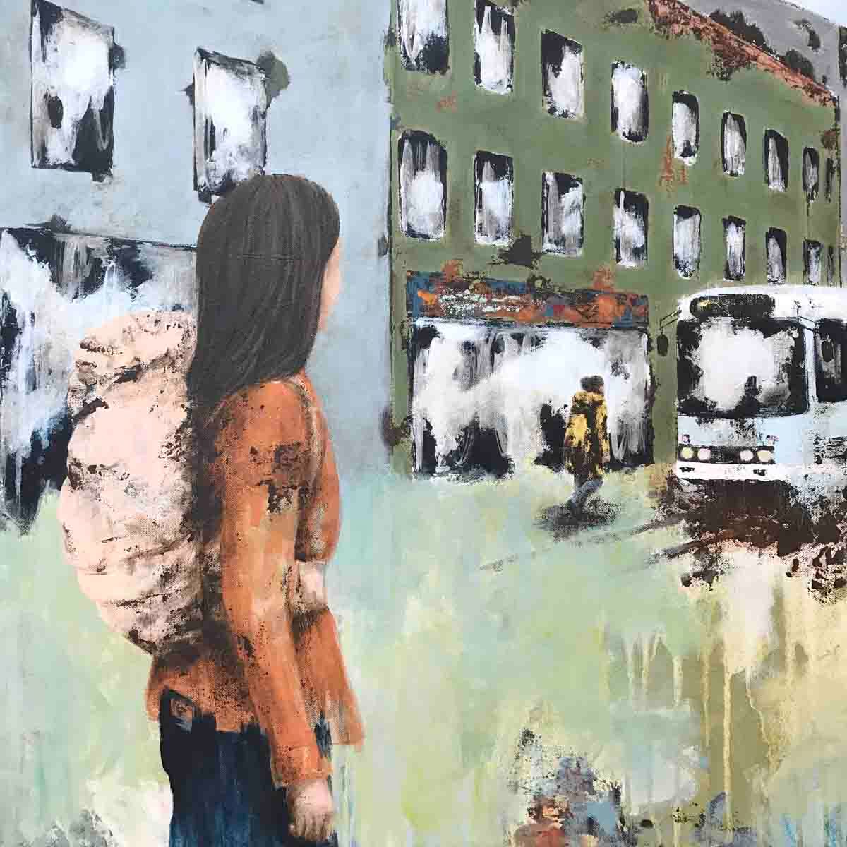 Mellom byens mange vinduer, 120x80 maleri